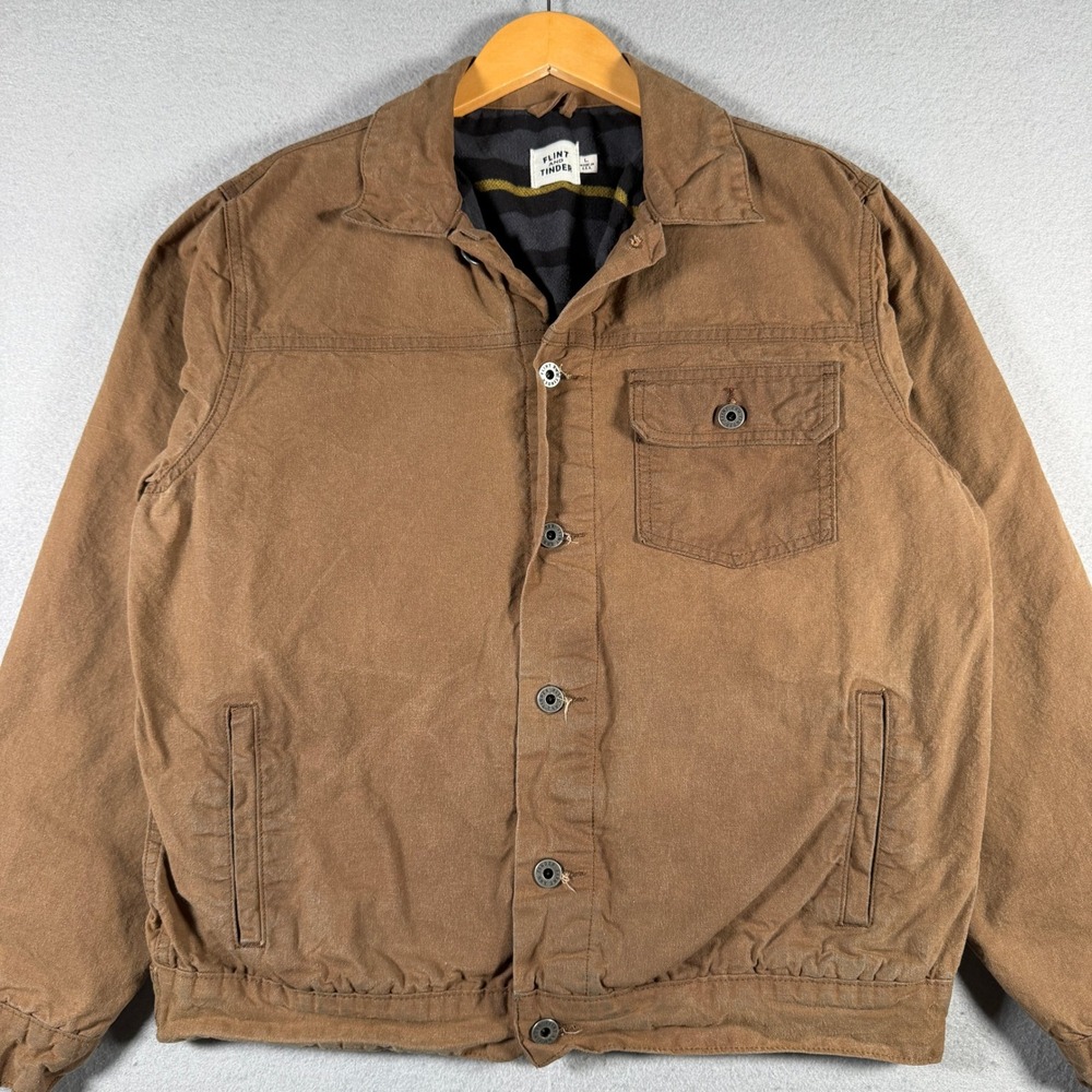 Flint and Tinder Flannel Lined Waxed Trucker Jacket Brown Mens Large USA Made